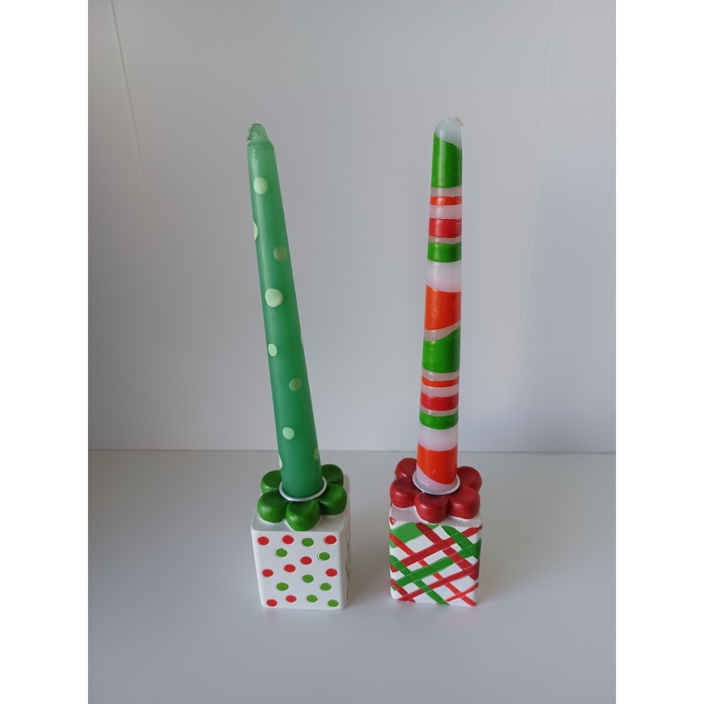 Two Christmas Holiday Seasonal Candles With Present Holders Decor